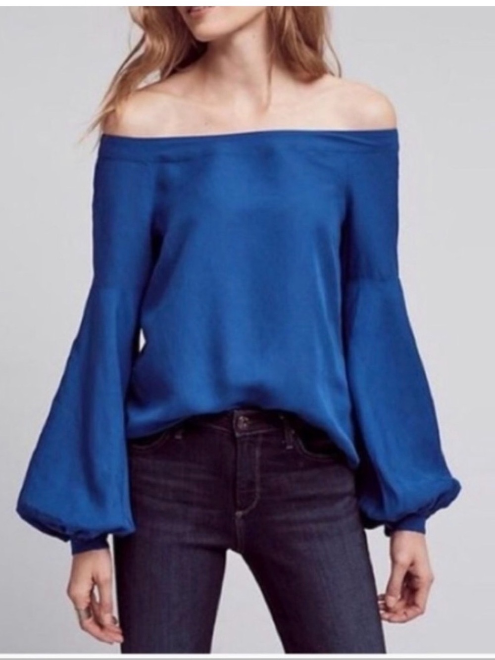 Anthropologie Blue Off the Shoulder Puffed Sleeves Boho Blouse Size 12 NWT